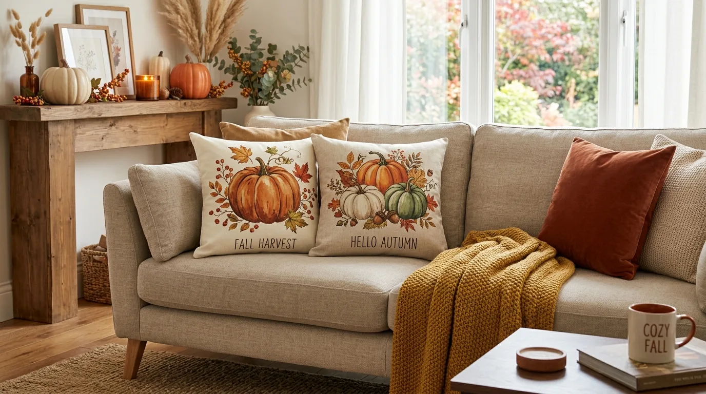 Pumpkin print pillow covers on a neutral sofa